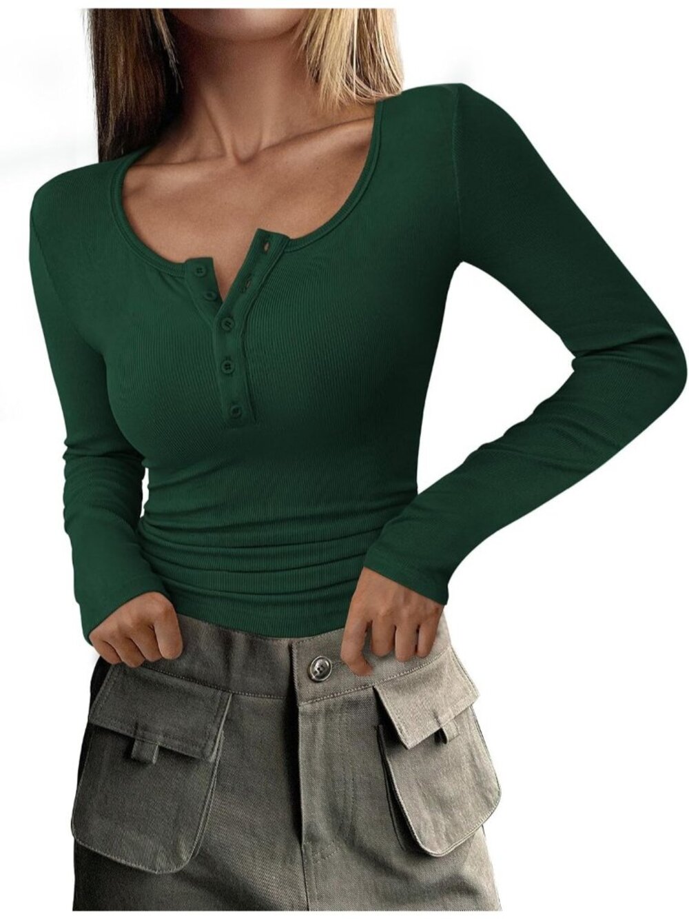 Women's Dark Green Crewneck Long Sleeve Henley T-Shirts Ribbed Knit Button Top